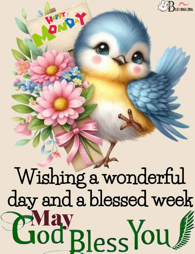 Cute birds and flowers wishing you Monday blessings.