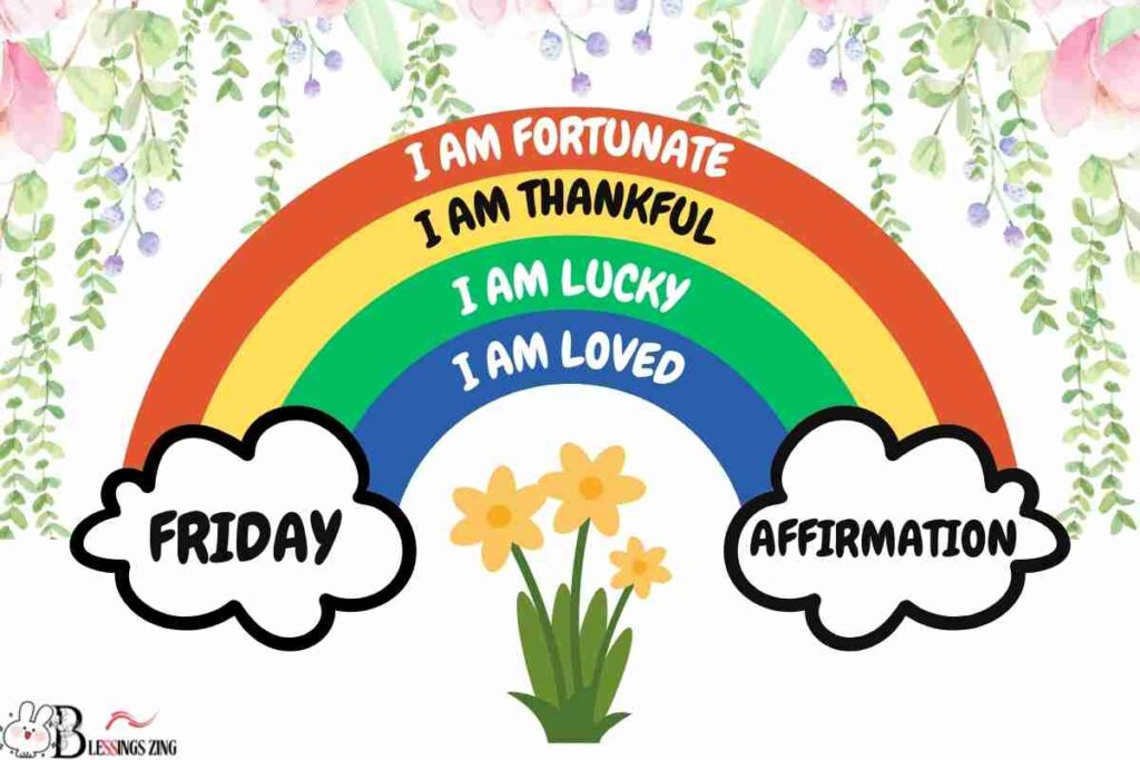 A colorful graphic featuring Friday affirmations for work. The image includes uplifting phrases. he design is vibrant and motivational, perfect for starting the weekend with a positive mindset.