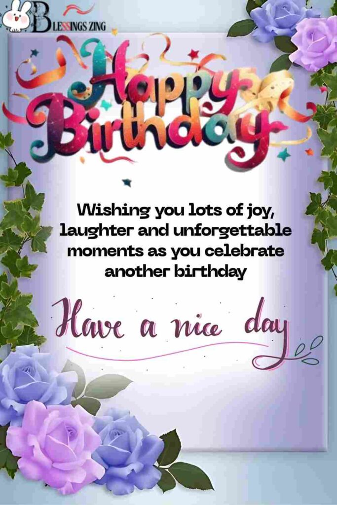 Happy birthday blessings image featuring a bouquet of flowers.