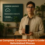 A professional man in a modern, plant-filled office holding a refurbished phone, standing in front of a sustainability board showing carbon and e-waste savings.