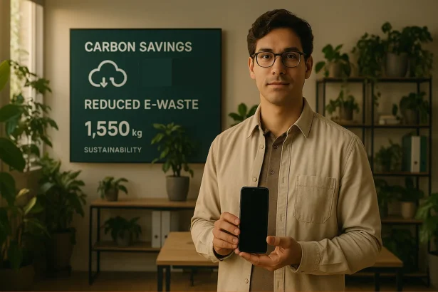 A professional man in a modern, plant-filled office holding a refurbished phone, standing in front of a sustainability board showing carbon and e-waste savings.