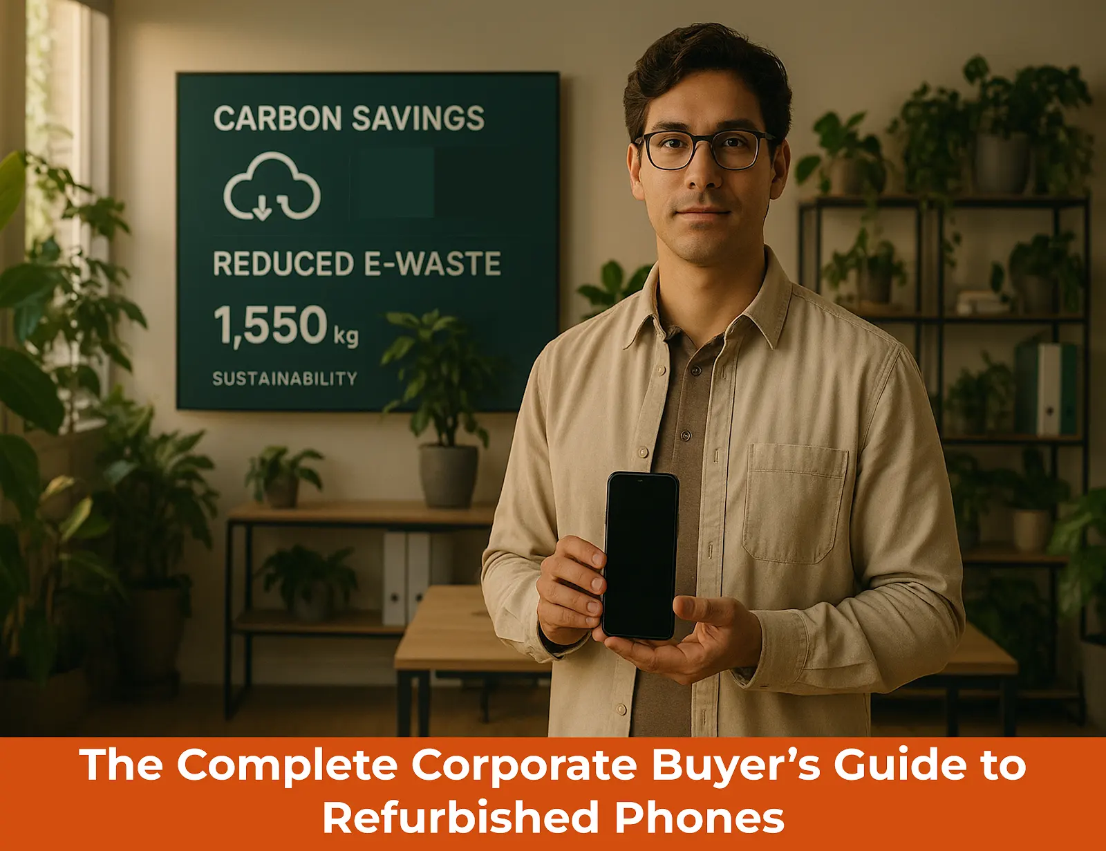 A professional man in a modern, plant-filled office holding a refurbished phone, standing in front of a sustainability board showing carbon and e-waste savings.
