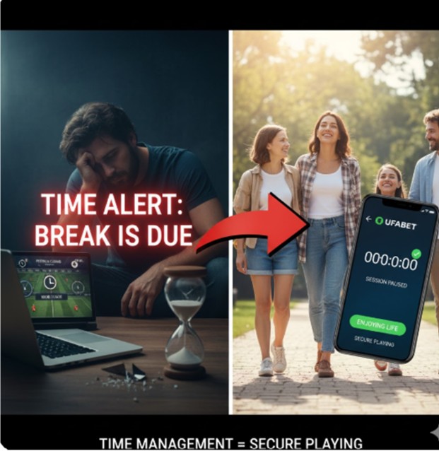 A split image showing on the left a tired, frustrated man looking at a laptop with a football casino game and a "TIME ALERT: BREAK IS DUE" message, beside an hourglass. On the right, a happy family walks in a park with a phone showing a "UFABET Session Paused" message and "ENJOYING LIFE Secure Playing," illustrating the importance of time management for responsible gaming.