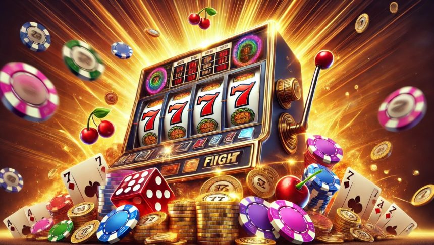 Slot reels glowing on a casino screen, showing a spinning game interface